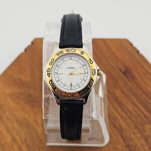 Fossil Women's Gold Tone Chronograph Boyfriend Watch Black Leather Band MW-8708